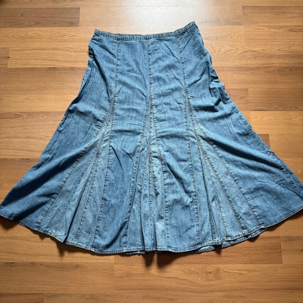 Women's Vintage 2000's Y2k The Territory Ahead Denim Panel FlareMaxi Skirt Sz 12